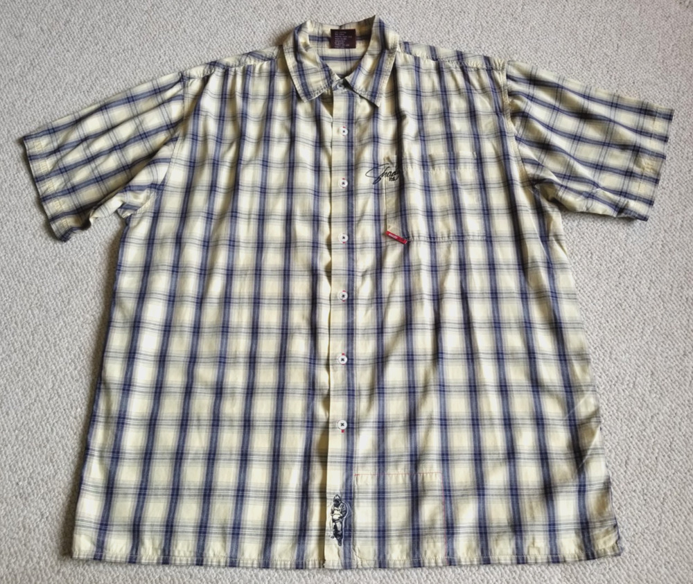 VINTAGE Y2K Mens Shirt-SHADY LTD-yellow/bl plaid cotton buttondown Eminem Rap-L